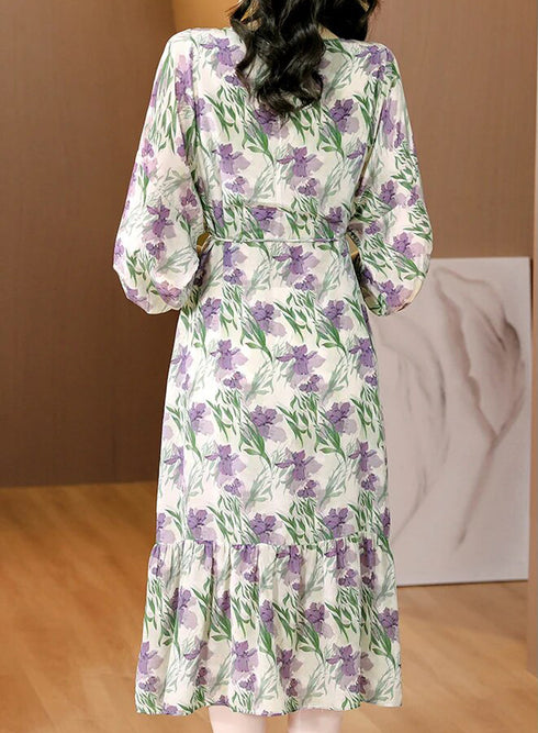 Enchanting Floral Long Sleeve Dress, Luxury Chic Ruffled Long Casual & Evening Women Dress
